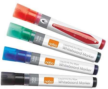 Nobo Liquid Ink Whiteboardmarker-Set, 4 Stück, Feine 3 mm Rundspitze, Mehrfarbig, 1902408