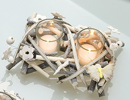 GILDE Glas- Windlicht Kerzenhalter Dekokranz Tischdeko Rattankranz, beige, weiß, gelb, 14x20x8 cm