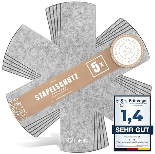 LoFelt® Pfannenschoner & Stapelschutz für Pfannen, Töpfe, Schüsseln und noch mehr Küchenutensilien - 5 Stück in L Ø 32cm - Pfannenschutz Topfschutz aus Filz in Hellgrau - Sternform