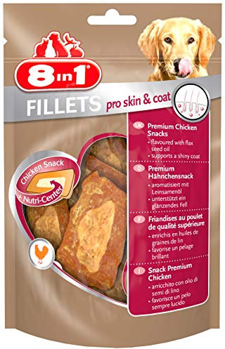 8in1 Fillets Pro Skin & Coat Hunde-Snack mit Hähnchen, funktionale Leckerlis für Hunde, aromatisiert mit Leinsamenöl, 80 g Beutel