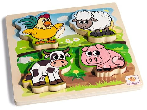 Eichhorn - Fühl-Puzzle mit Stoff - Bauernhoftiere mit Textilelementen, aus Holz, 5 teilig, 20x20 cm groß, für Kinder ab einem Jahr