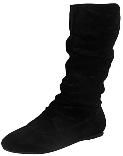 LoudLook Women’s Mid Calf Boots Pull-On Flat Heel Slouch Ruched Winter Shoes Lightweight Non-Slip Sole Comfortable Casual Indoor Outdoor Wear