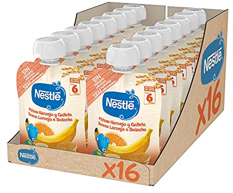 Nestlé Puré Plátano Naranja Galleta 16x90g | Puré de frutas multifrutas para bebé en formato práctico, ideal como snack o merienda infantil