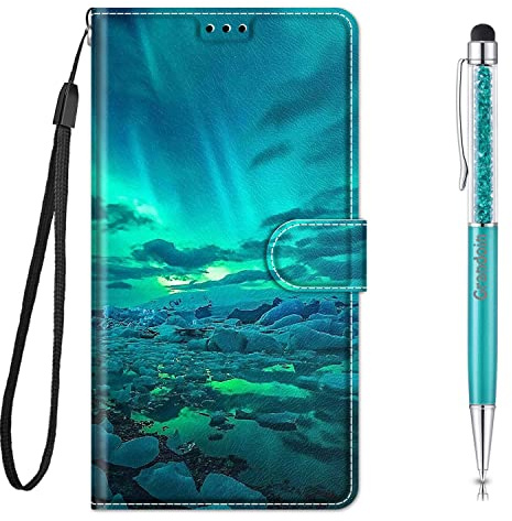 Grandoin Coque pour Xiaomi Redmi 9T, Mode Créatif Effet Désign Étui de Protection Housse en PU Cuir avec Portefeuille Fermeture Magnétique Fentes pour Cartes und Flip Béquille (Lumière Verte)