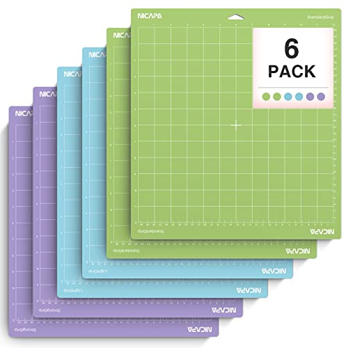 Nicapa Adhesive Replacement Cutting Mat for Cricut Maker 3/Maker/Explore 3/Air 2/Air/One (12x12 inch 6pack-Standardgrip,Lightgrip,Stronggrip) Non-Slip Flexible Square Gridded Cut Matt Set