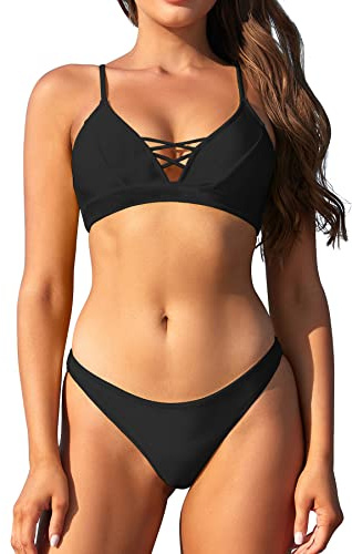 SHEKINI Damen Bikini-Set Niedriger Kragen Rückenfrei Verstellbarer Triangel Bikinioberteil Zweiteiliger Badeanzug für Frauen Niedrige Taille Triangel Bikinihose (L, Schwarz A)