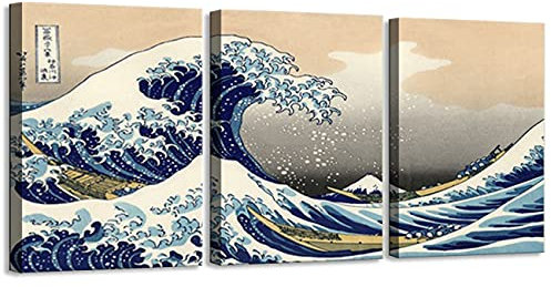 ZHONGYUTONG Kunstdruck auf Leinwand Gerahmt 3-teilig Katsushika Hokusai Great Wave Off Poster Kanagawa Ansichten des Berges Fuji Gemälde Wandbild (40x60cmx3 Stück)