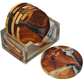 Saumo Untersetzer rund für Gläser 6er Set Ink. Halter - Design Glasuntersetzer für Getränke, Tassen, Bar, Glas - Runde Tischuntersetzer Echt - Holz/Epoxidharz Resin Dekoration