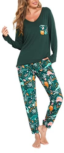 Lovasy Schlafanzug Damen Lang Winter Langarm Schlafanzüge für Damen Zweiteiliger Pyjama Set Loungewear mit Taschen und Bündchen