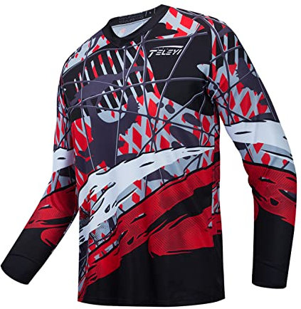 Radtrikot Langarm Herren Mountainbike Motocross Jersey Fahrrad MTB T-Shirt Downhill Top Reiten Sport Racing Bluse Herbst Frühling Rot L