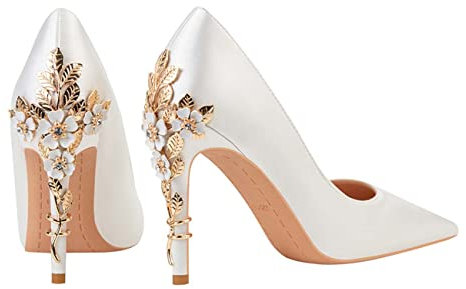 JOEupin Escarpins à talons hauts en satin à bout pointu pour femme, blanc, 39 EU