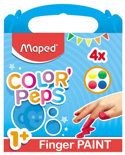 Maped Color'Peps 4 Pots de Peinture Doigt pour Bébé et Enfant dès 1 an - Gouache Pots de 80 gr - Nettoyage Facile à l'eau - 4 couleurs vert, bleu, jaune et rouge