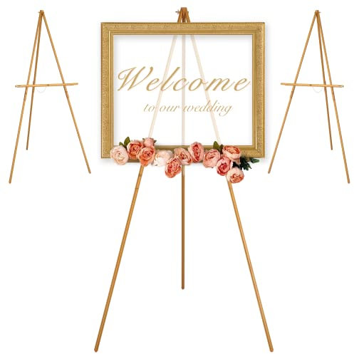 VISWIN 3 Pezzi 160 cm H Treppiede in Legno Espositore Cavalletto per Segno di Nozze, Poster, Cavalletto Artista A-Frame Pavimento con Vassoio per Pittura, Tela, Cavalletto Pieghevole - Oro