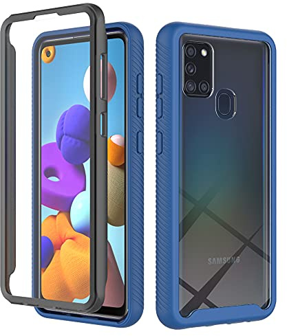 Sawiqpd for Samsung Galaxy A21S Case and Screen Protector, Blue | 360 Degree Protection, Military Heavy Duty Protection, Hybrid PC & TPU, Shockproof Full Body Bumper, Clear Slim Phone Cover