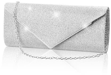Joyan Clutch Damen, Damen Glitzer Clutch Abendtasche, Glitzer Abendtasche Umhängetasche mit Abnehmbarer Kette, für Hochzeit Tanzabend Abschlussball Party Freizeit Date (Silber)