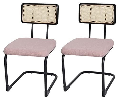 2er-Set Freischwinger-Stuhl HWC-K88, Stuhl Lehnstuhl, Holz Rattan Metall Bouclé - Stoff/Textil rosa