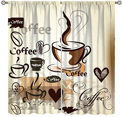 YCness Kaffee-Vorhänge für Küche, Fenster, Thema, Latte-Teetasse, Wohnzimmer, Café-braune Vorhänge, 2-teiliges Set, 107,7 x 137,7 cm