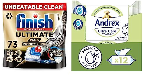 Finish Ultimate Plus Infinity Shine Dishwasher Tablets | Fresh | 73 Dishwasher Tabs + Andrex Ultra Care Washlets - Flushable Toilet Wipes - Soothing Care for Skin - Contains Aloe Vera