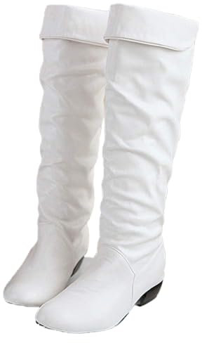 FGUUTYM 35-43 - Stivali da donna vintage, in pelle, stile retrò, alti al ginocchio, lunghi stivali da equitazione, da donna, bianco, 42 EU