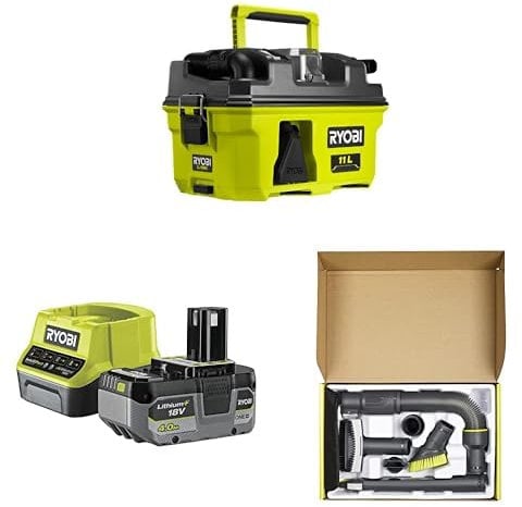 Ryobi - Aspirateur eau et poussière 18V - 105 AW - 1500 L/min - 11 L- livré avec un kit 6 accessoires pour nettoyage Automobile, 1 batterie 4Ah, 1 chargeur rapide