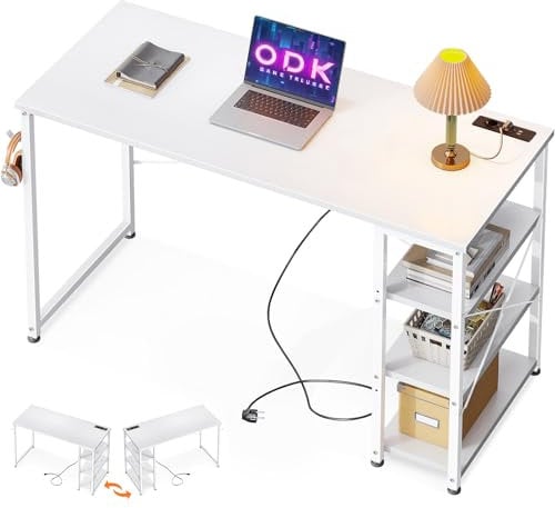 ODK Scrivania Piccola, Scrivania per Computer Piccola con 3 Prese e Porta di Ricarica USB, Tavolo per PC con 3 Ripiano Reversibile Tavolo per Studio, Ufficio a Casa (120x40x75cm, Bianca)