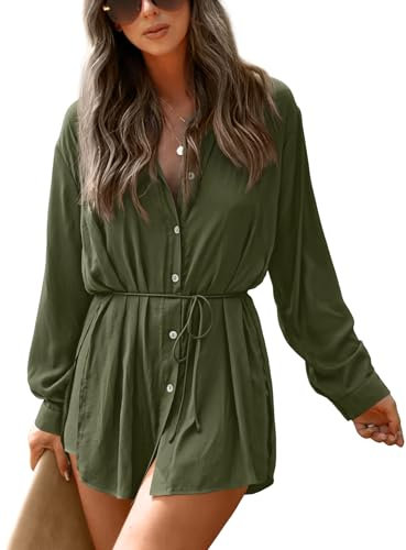 NONSAR Damen Longbluse mit V-ausschnitt Blusen Langarm Shirt Zweiteiler Sommer Elegant Einfarbig Bluse+Shorts 2 Teiler Set(9361XL,Armeegrün)
