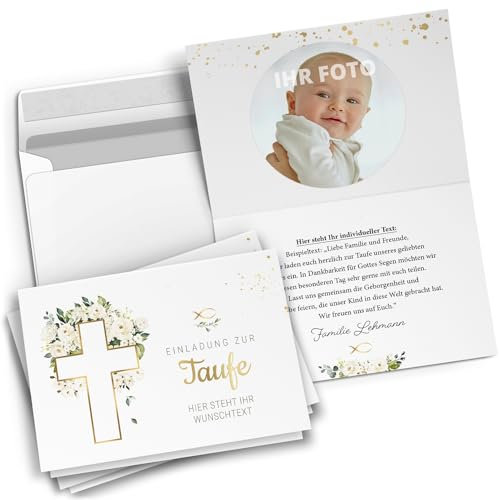 10 personalisierte Taufe Einladungskarten mit eigenem Text und Foto - Tauf-Einladungen mit Umschlag Motiv Kreuz Modern Blumen
