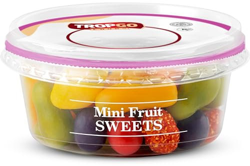 Tropgo Mini Fruits Shape Sweets - Assorted Mini Fruit Candies in a Resealable and Recyclable Tub - Candied Fruit Snack - Mixed Fruit Chewies Made for all Occasions and all Ages - (200G)