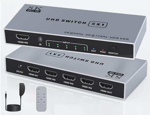 Switch HDMI 8K 5 in 1 Out HDMI Splitter - 4k 120Hz HDMI 2.1 Switch Box Sélecteur avec Prise en Charge à Distance 3D/HDR/HDCP2.3/Dolby Vision, Compatible avec PS 5/4/3 Xbox Switch Lecteur DVD TV PC