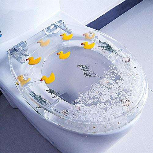 Toilet seat, Automatic lowering, urea-Formaldehyde Resin Toilet lid, Quick Fastening Made of Metal, Universal V, U, O Shape, Toilet seat-Transparent Yellow Duck
