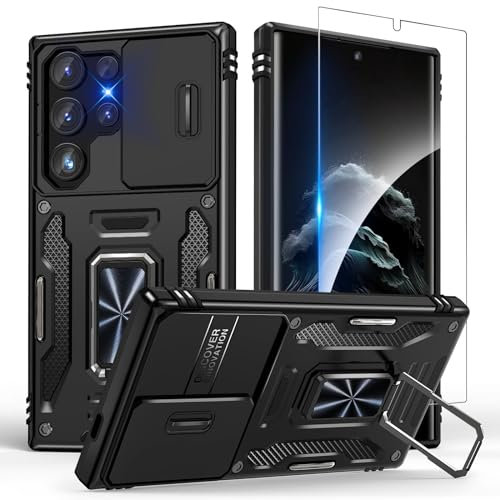 SHEDEER for Samsung Galaxy S24 Ultra Case with Slide Camera Cover + Screen Protector & Built-in Adjustable Kickstand | Military-Grade Shockproof 360° Protection Anti-Scratch Phone Case for Men (Black)