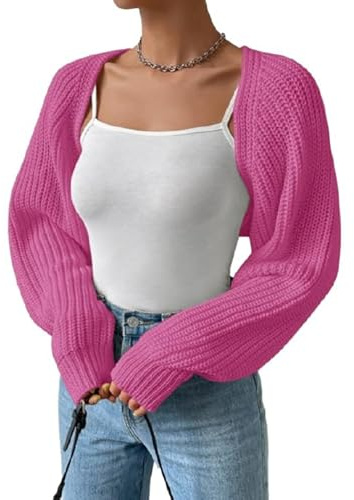 Kukeyiee Women Long Puff Sleeve Sweater Knitwear - Cropped Jumpers for Women, Ladies Jumper Sweaters, Long Sleeve Cropped Cardigan, Fashion Crop Top Pullover Knit Top(Pink,M)