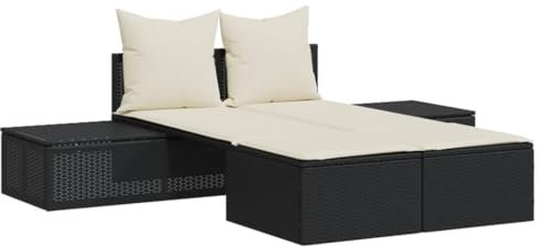 vidaXL Doppel Sonnenliege, Gartenliege mit Kissen, Doppelliege für Außenbereich, Relaxliege Sonnenbett Gartenmöbel, Schwarz Poly Rattan