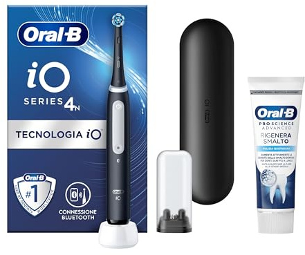 Oral-B Spazzolino Elettrico Ricaricabile iO 4 Nero, 1 Testina Di Ricambio, 1 Custodia Da Viaggio +Dentifricio Pro-Science Advanced Rigenera Smalto 75ml. 1 Spazzolino