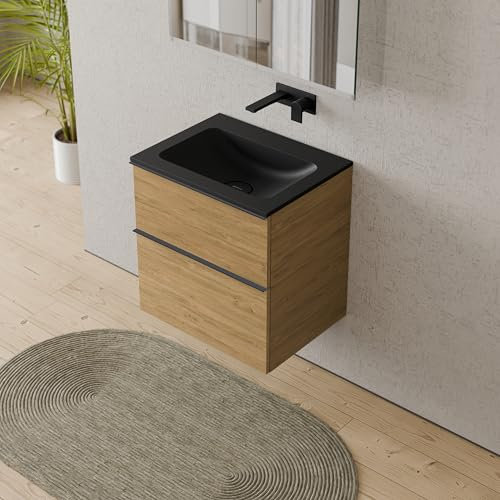BERNSTEIN Badmöbel-Set Lavoa, Waschtisch-Unterschrank mit Waschbecken 80cm in Eiche - CREAM - Schwarz matt ohne Hahnloch - 2 Schubladen, Griffe in Anthrazit, 5 Jahre Garantie