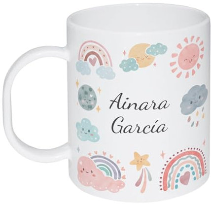 Kembilove Taza personalizada - Taza plastico infantil - Regalos infantiles para el cole - Tazas originales para regalar a niños - Taza plastico personalizada con nombre - Cielo
