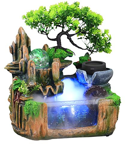 Zimmerbrunnen Mit LED Beleuchtung Nebel Pflanzen Wasserfall Desktop Brunnen für Wohnzimmer, Schlafzimmer, Arbeitszimmer, Büro, Meditationsraum