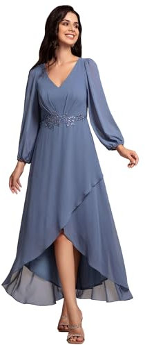 Ever-Pretty Bridesmaid Dress Chiffon Long Sleeve High-Low Evening Dress with Waist Applique Dusty Navy 26UK