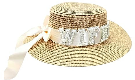 JSGHGDF Sombrero de paja para mujer, transpirable, para boda, fiesta, letras, perlas, sombrero para despedida de soltera, Esposa, M-L