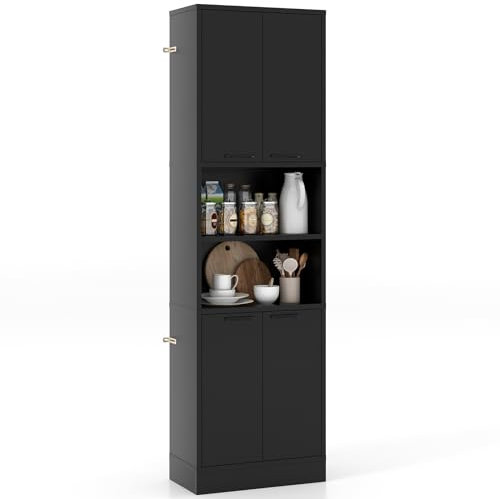 COSTWAY 190 cm hoher Küchenschrank Vorratsschrank, Hochschrank mit Türen, Regalen, Sicherheitsscharnieren & Kippschutz, Sideboard freistehend Mehrzweckschrank für Esszimmer, Wohnzimmer (schwarz)