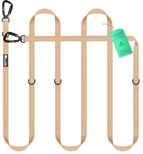 BLUZELLE Wasserfeste Hundeleine 3m, Wetterfestes PVC & 2 Starke 360° Aluminium Sicherheitskarabiner, Verstellbare Doppelleine für 2 Hunde, Freihand-Leine zum Umhängen, Schmutzabweisend, Farbe:Beige