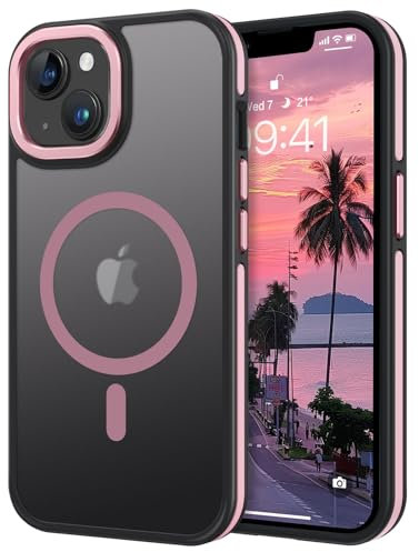 GaoBao Magnetic Slim iPhone 14 Plus Case, Translucent Matte Back, Anti-Slip Shockproof Cover for iPhone 14 Plus, 6.7 inch, Black/Pink