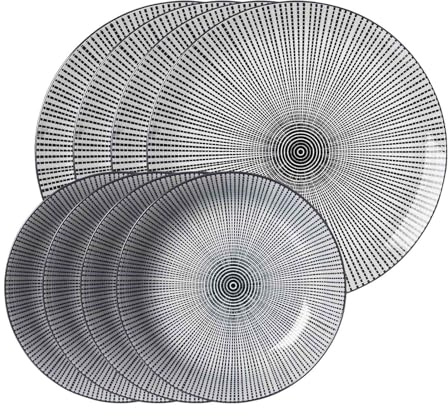 Ritzenhoff & Breker Takeo Stripes Tafelservice 8-teilig, Speiseteller (26 cm) und Suppenteller (20 cm) für 4 Personen, Skandinavisches Design, Mix-&-Match-Geschirr, Porzellan, Weiß und Schwarz