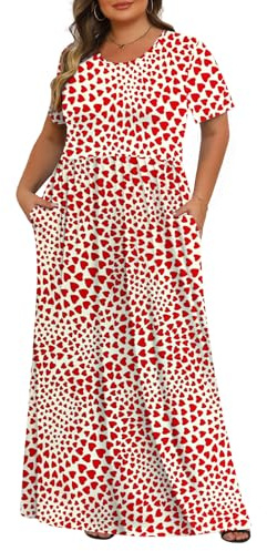 Tencede Womens Plus Size Maxi Dresses Summer 2025 Casual Short Sleeve with Pockets Long Dress 1X-5X, Red Heart, 5XL
