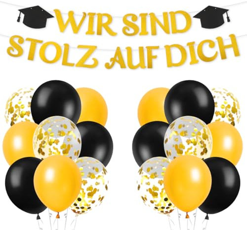 Wir sind stolz auf Dich Banner mit 22 Stück Luftballons, Abschluss Girlande Ballon, Graduation Abschluss Deko Set Schwarz Gold, Latexballons für Bachelor Graduierung Party, Abitur Abschlussfeier Deko