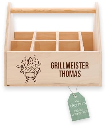 ABENTEUERNAH Grillcaddy Holz, Grillkorb, Geschenk für Männer Vatertag | Grillzubehör, Organizer, Outdoor Küche, Tragekiste, Flaschenhalter für Soßen, Papa Geburtstag, Gadget, mit Namen