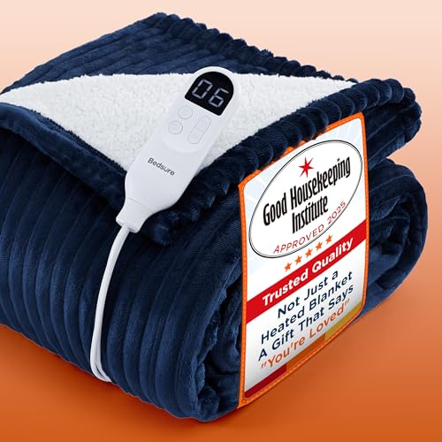 Bedsure Electric Blanket Heated Throw - Ribbed Flannel 130x160cm, Blue | Ribbed flannel with 6 heat settings and 10-hour timer with fast heating and overheat protection
