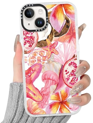 Yoedge Handyhülle für iPhone 15 Hülle mit Hibiskus Blumen Muster | Aesthetic Meerestier Sommer Bunt Design Case Mädchen Geschenk Schutzhülle, Transparent Silikon Kratzfest Cover, Rosa 01