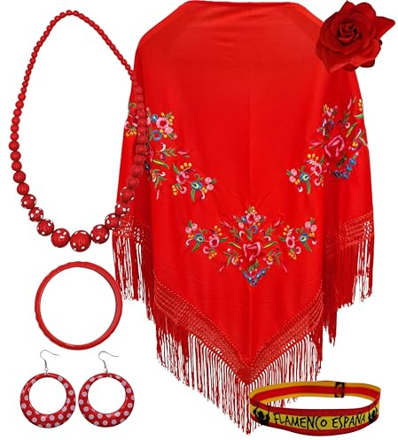 Châle de Manille avec accessoires : châle de Manille avec fleurs brodées, pince à cheveux fleur, collier, bracelet et boucles d'oreilles flamant rose et bracelet en tissu.