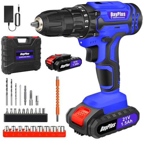 Perceuse Visseuse Sans Fil, 21V Visseuse Devisseuse avec2* 1.5Ah Batteries, 45Nm Perceuse Percussion, 25+1 Réglages de Couple, 10mm Métal Mandrin Verrouillage, 2 Vitesses, 29 Accessoires, LED Light